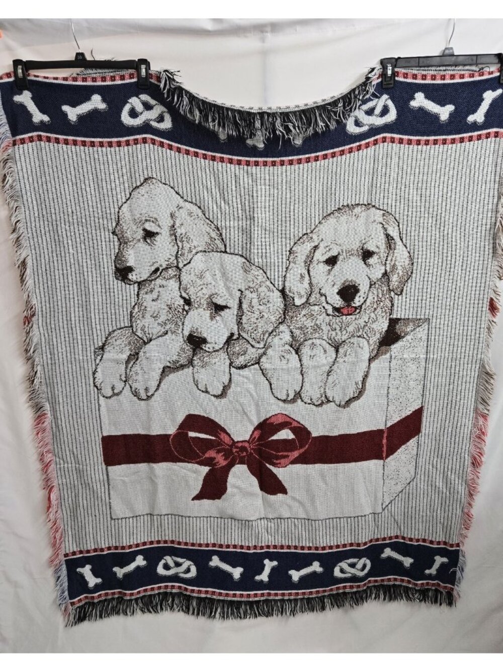 American Greetings Labrador Dogs Tapestry Throw Blanket Fringe Red White Blue